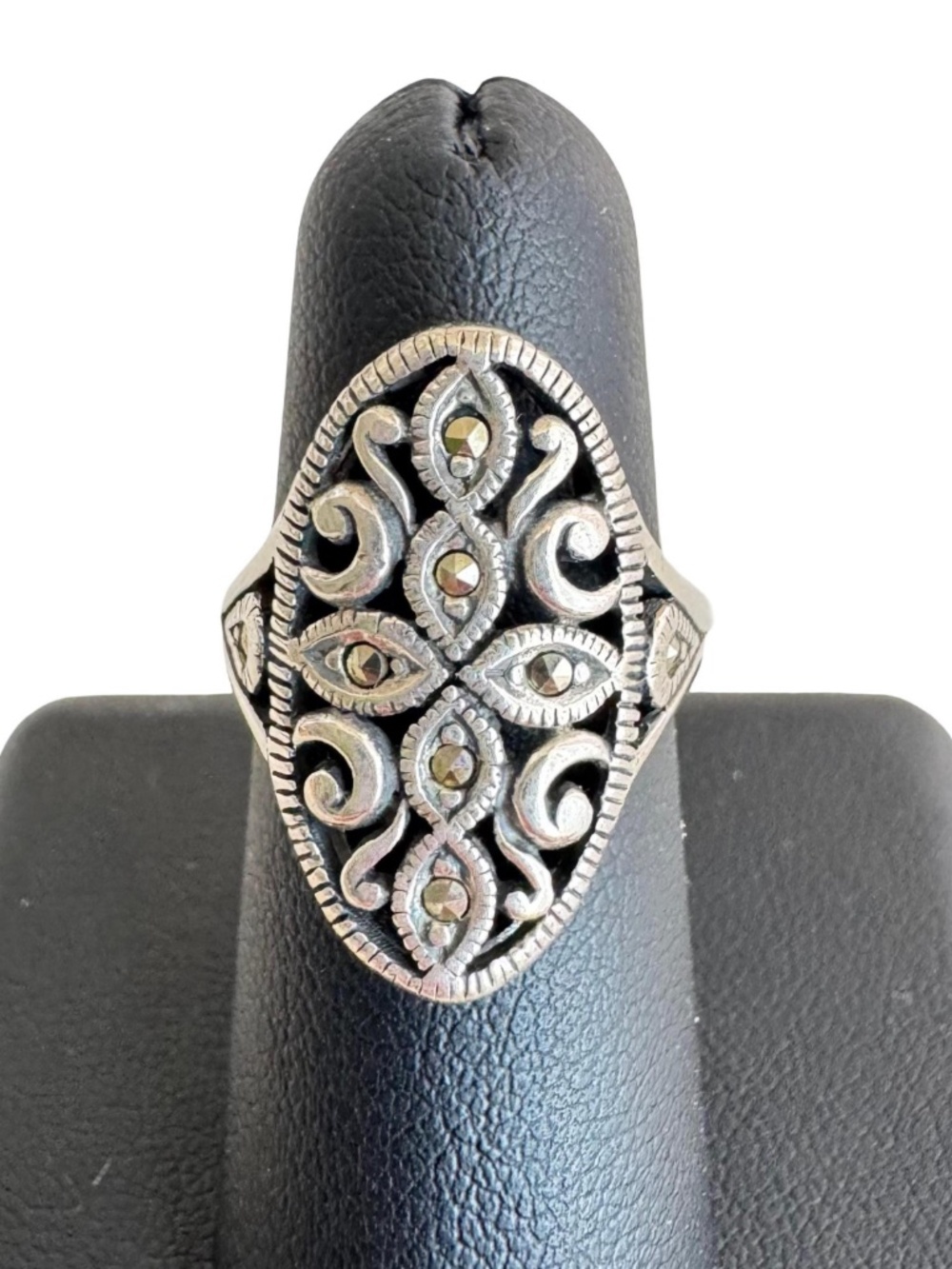 Vintage 925 Sterling Silver Filigree Marcasite Ring Size 4.75 Art Deco Statement